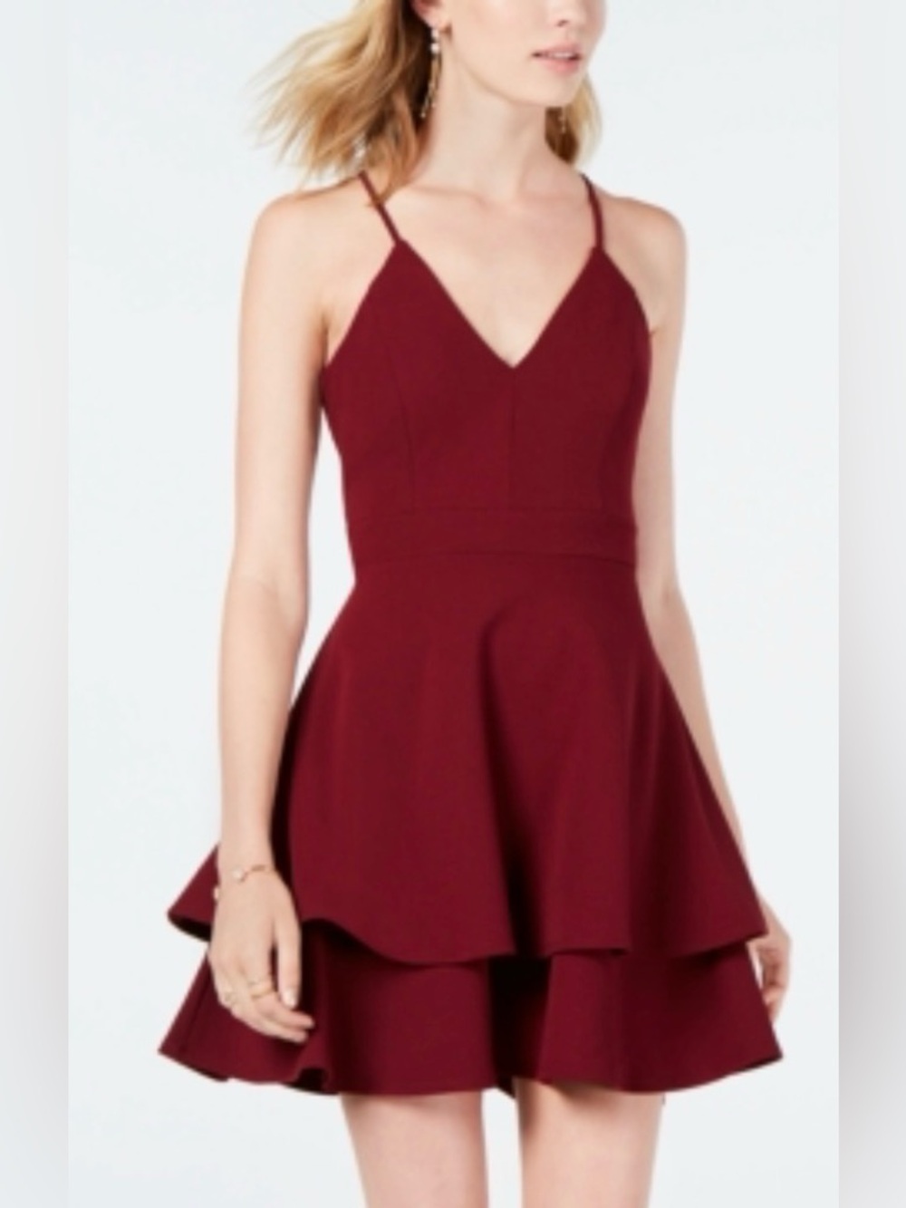 B. Darlin Size 1/2 Burgundy Lace Cut Out Spaghetti Strap V-Neck Ruffled Dress
